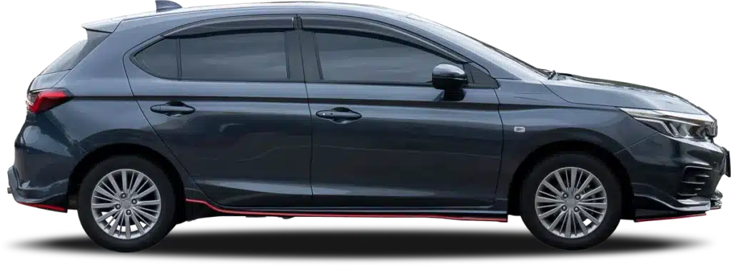 Side view of a sleek, modern dark grey hatchback car with tinted windows, silver alloy wheels, and a sporty design. The car has a red accent along the bottom edge and features a compact, aerodynamic structure.