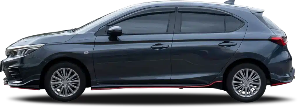 A sleek, dark grey hatchback car with tinted windows and red accents on the lower body panels. The car has sporty alloy wheels and a modern, streamlined design. The vehicle is viewed from the side against a white background.