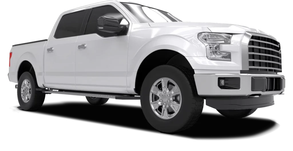 A white pickup truck with a crew cab configuration is shown from a front-side angle. The vehicle has a prominent grille, large headlights, and alloy wheels, giving it a robust and modern appearance. The truck's shiny exterior and elevated stance emphasize its rugged design.