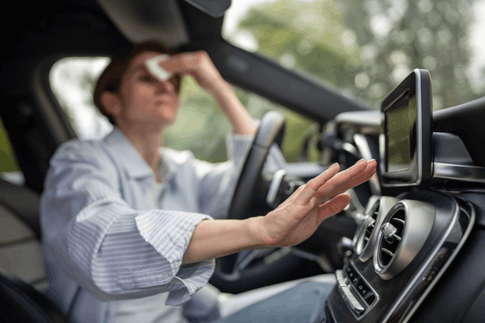 Auto a/c service, auto repair in Tea, SD, at Sioux Empire Automotive Service Center. Image of a driver struggling with hot cabin temperatures, highlighting the importance of professional auto A/C service to restore cooling performance and ensure a comfortable, reliable drive.